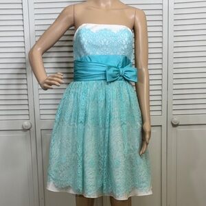 Betsey Johnson turquoise lace over cream full skirt strapless babydoll dress
